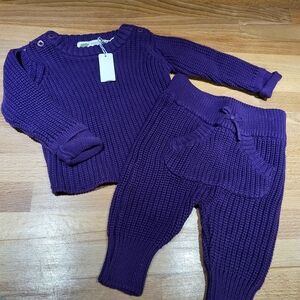 Nwt Baby Girls Size 3-6 Months Organic Cotton Knit Shirt And Pant Outfit Purple